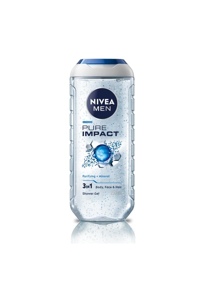 NIVEA MEN Pure Impact 250ml Body Wash| Shower Gel for Face, Body & Hair| Purifying Micro Particles for Extra Fine Scrub & Instant Summer Freshness|Clean, Healthy & Moisturized Skin